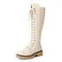 Valerina Damen Combat Kniestiefel mit dicker Plateausohle & Schnürung – PU-Obermaterial, Latex-Einlage & seitlichem Reißverschluss | Shiraki